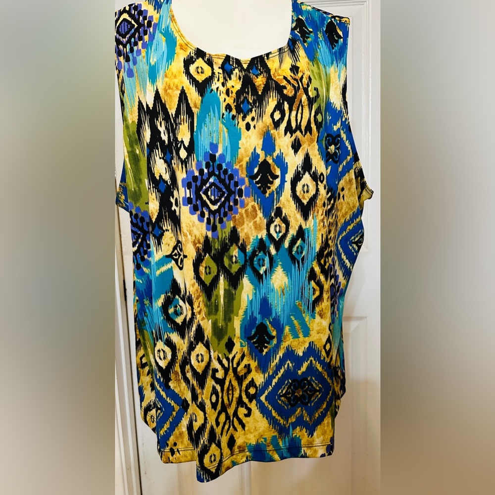 Vikki Vi Top Blue Gold Artsy Geometric Abstract Tank Sleeveless Blouse 3X